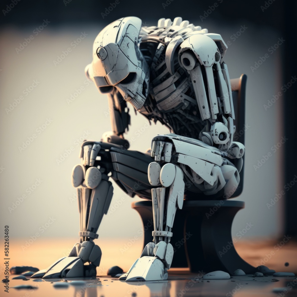 Poster a robot sitting on a chair with his head down junkyard animation robotics engineering generative ai