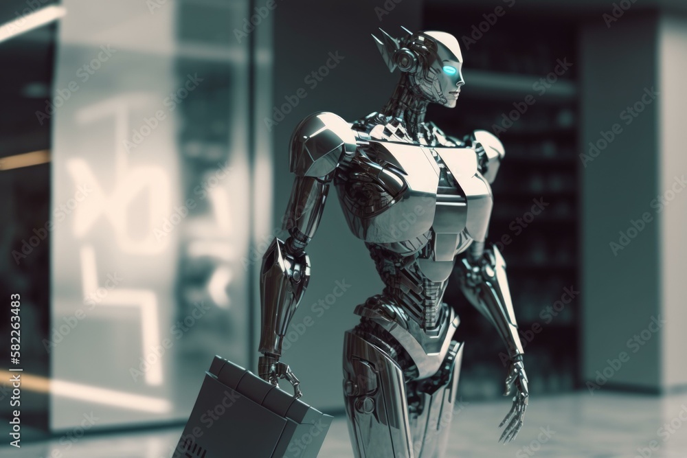 Poster a robot holding a briefcase in a lobby of a building factory product photography robotics engineerin