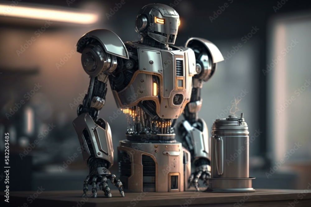 Poster a robot is standing on a table with a can of soda workshop animation robotics engineering generative