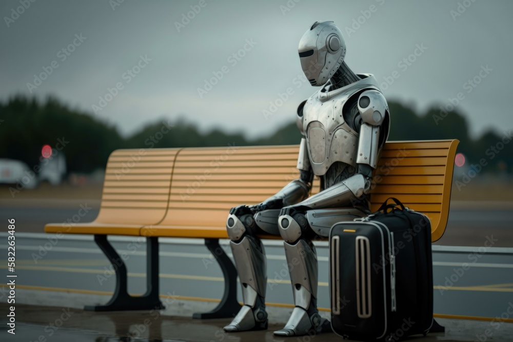 Poster a robot sitting on a bench with a suitcase train station time-lapse photography robotics engineering