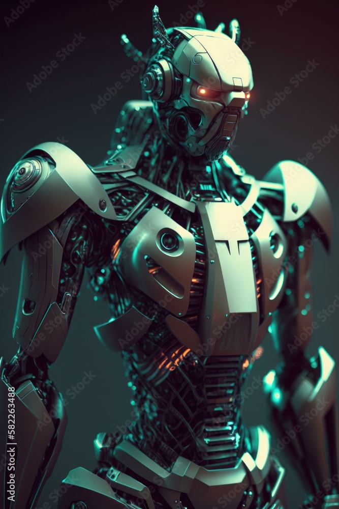 Poster a robot is standing in a pose with his arms spread car repair shop animation robotics engineering