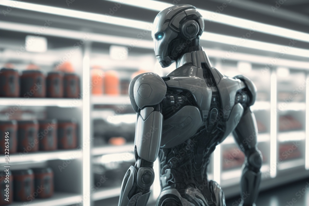 Poster a robot standing in front of a shelf of canned drinks supermarket product photography robotics engin