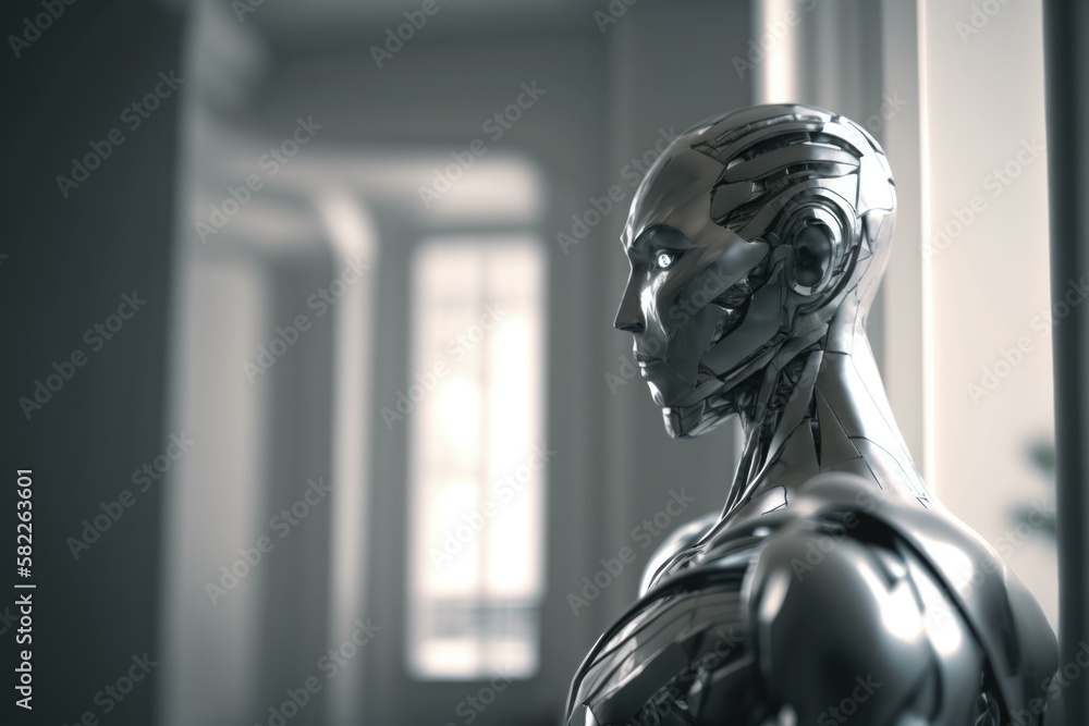 Aufkleber a robot is standing in a room with a window car repair shop infrared photography robotics engineerin
