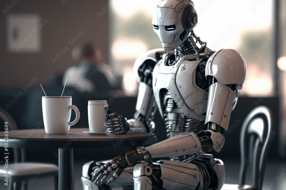 Aufkleber a robot sitting at a table with a cup of coffee coffee shop stereoscopic photography robotics engine