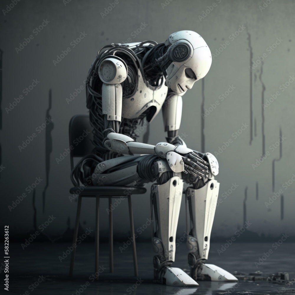 Aufkleber a robot sitting on a chair with his head down factory minimalism artificial intelligence generative 
