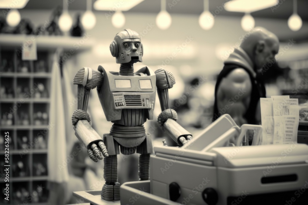 Aufkleber a toy robot is standing next to a box workshop infrared photography supply chain optimization genera