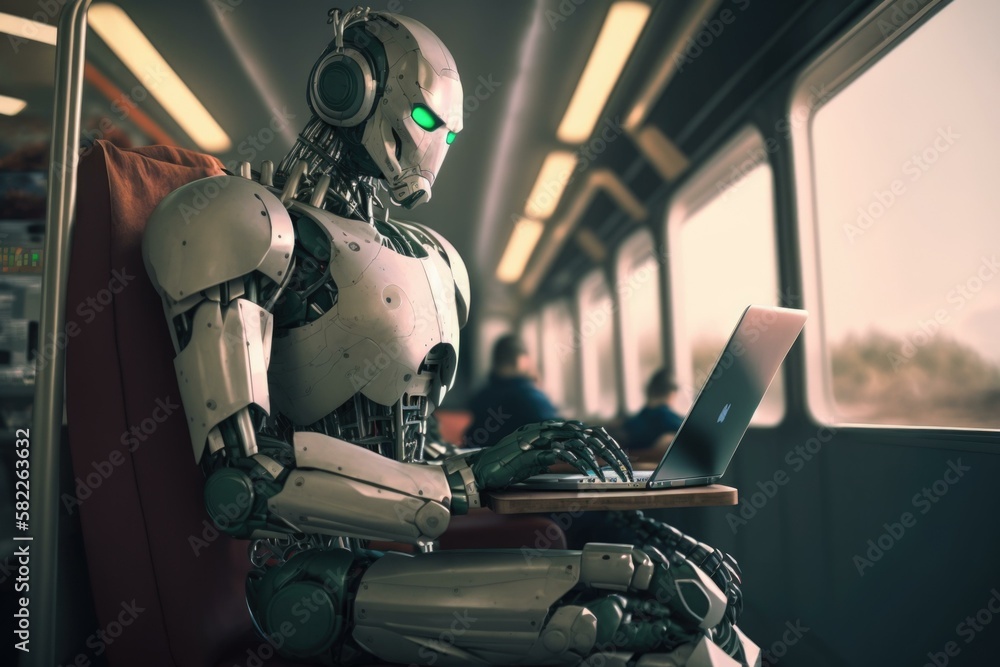 Aufkleber a robot sitting on a train using a laptop train station stereoscopic photography robotics engineerin