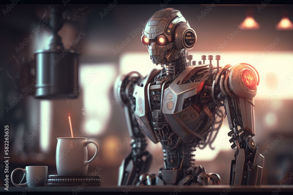 Poster a robot is standing next to a cup of coffee coffee shop photorealism robotics engineering generative