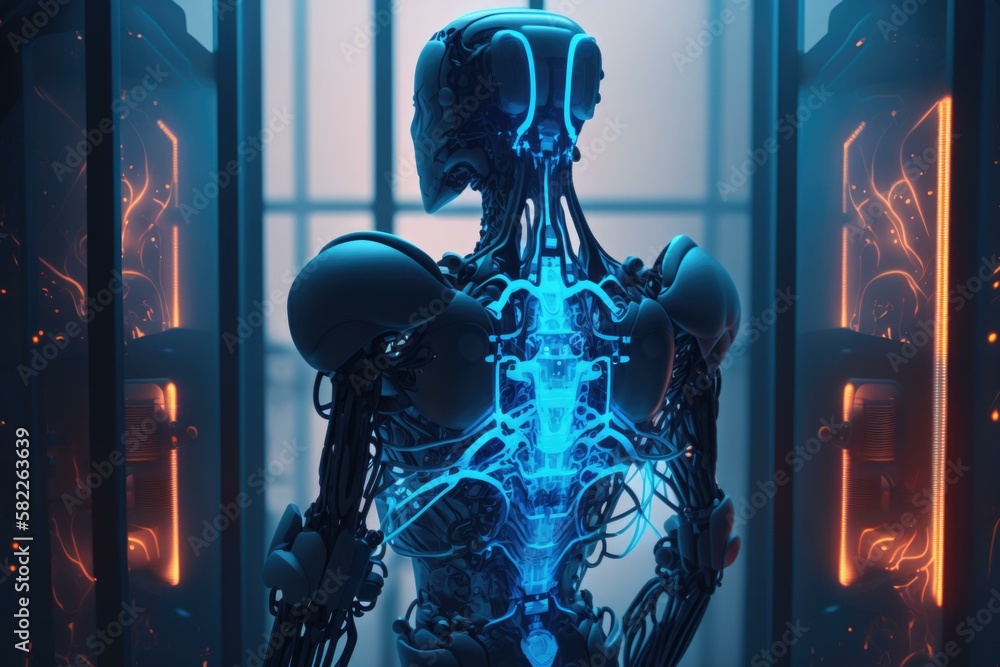 Poster a futuristic robot with glowing arms and legs in a room factory animation robotics engineering gener