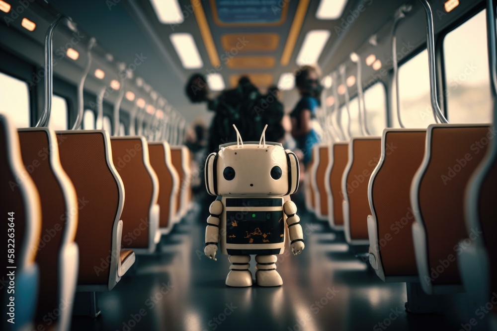 Poster a robot toy is standing in a train car train station fine art photography robotics engineering gener