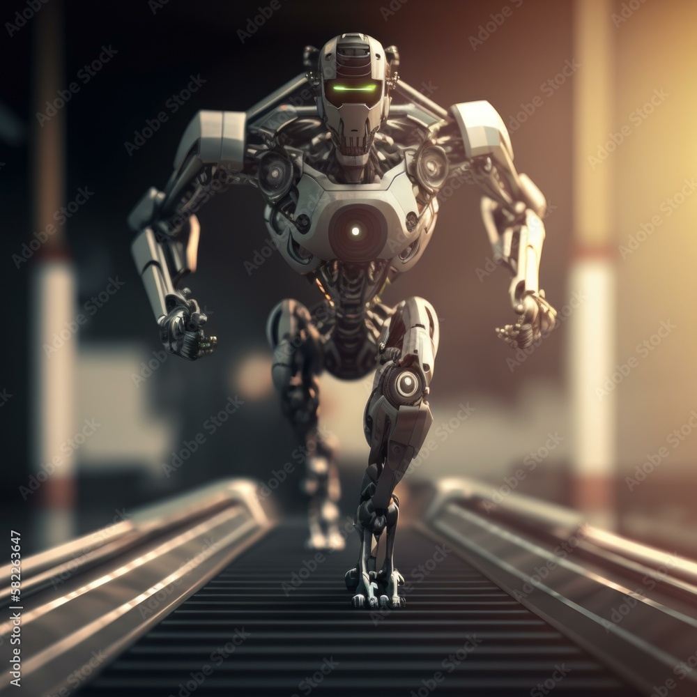 Poster a robot walking across a bridge in a futuristic environment factory animation robotics engineering