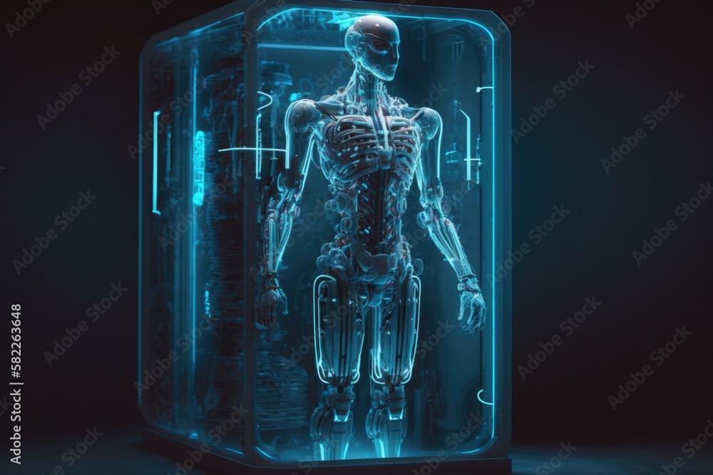 Aufkleber a human skeleton in a glass case with a black background science museum assemblage robotics engineer