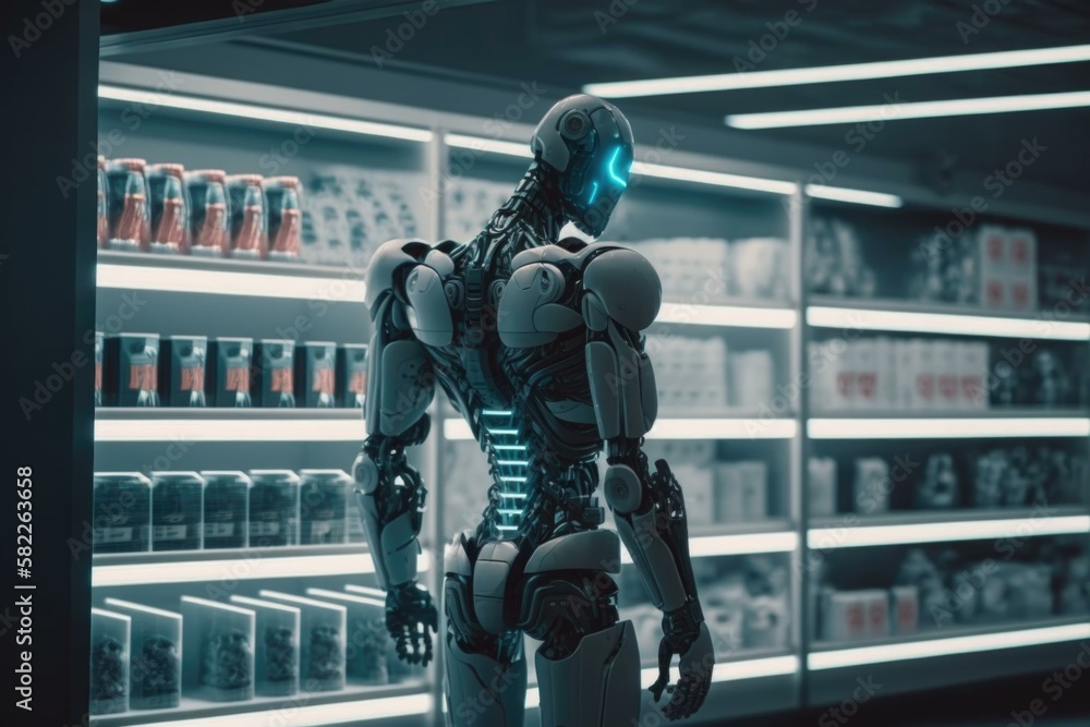 Poster a robot standing in front of a display of drinks supermarket animation robotics engineering generati