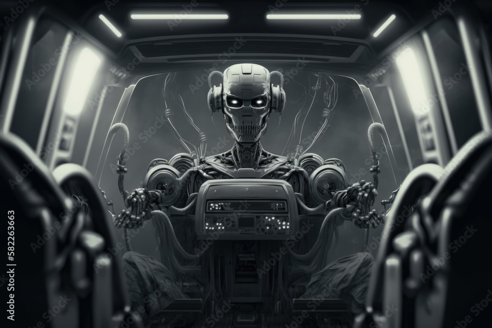 Poster a robot sitting in a spaceship looking out the window car repair shop animation artificial intellige