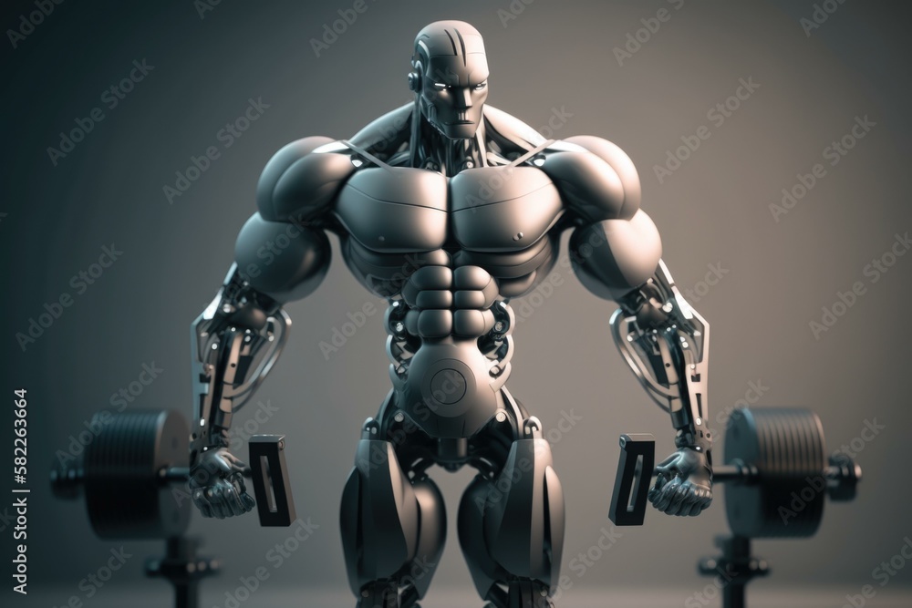 Poster a robot is standing with two dumbs on his feet fitness center animation robotics engineering generat
