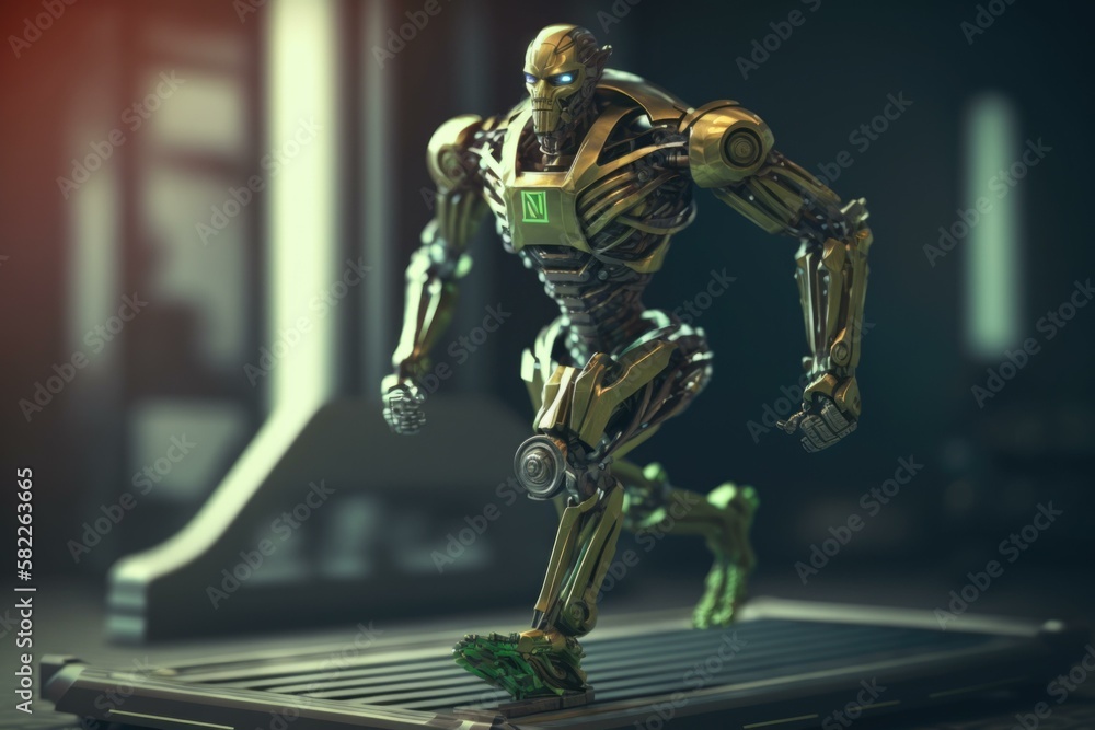 Poster a robot running on a laptop keyboard in a dark room fitness center animation robotics engineering ge