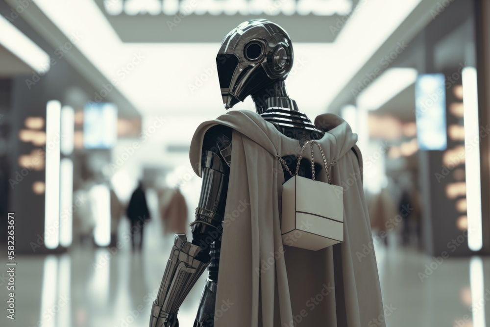 Aufkleber a robot dressed in a robe and holding a bag arcade fashion photography robotics engineering generati