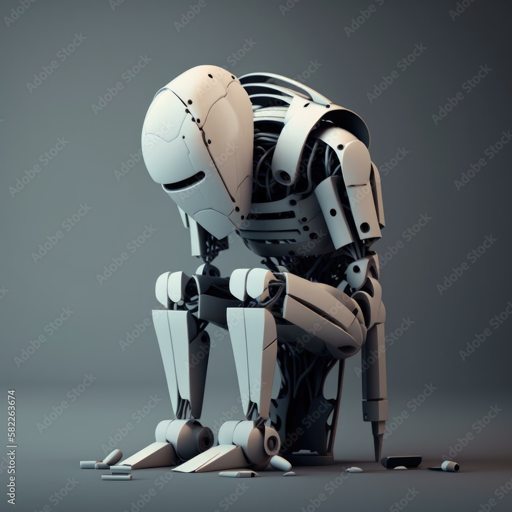Poster a robot is sitting on the ground with his head down factory animation robotics engineering generativ