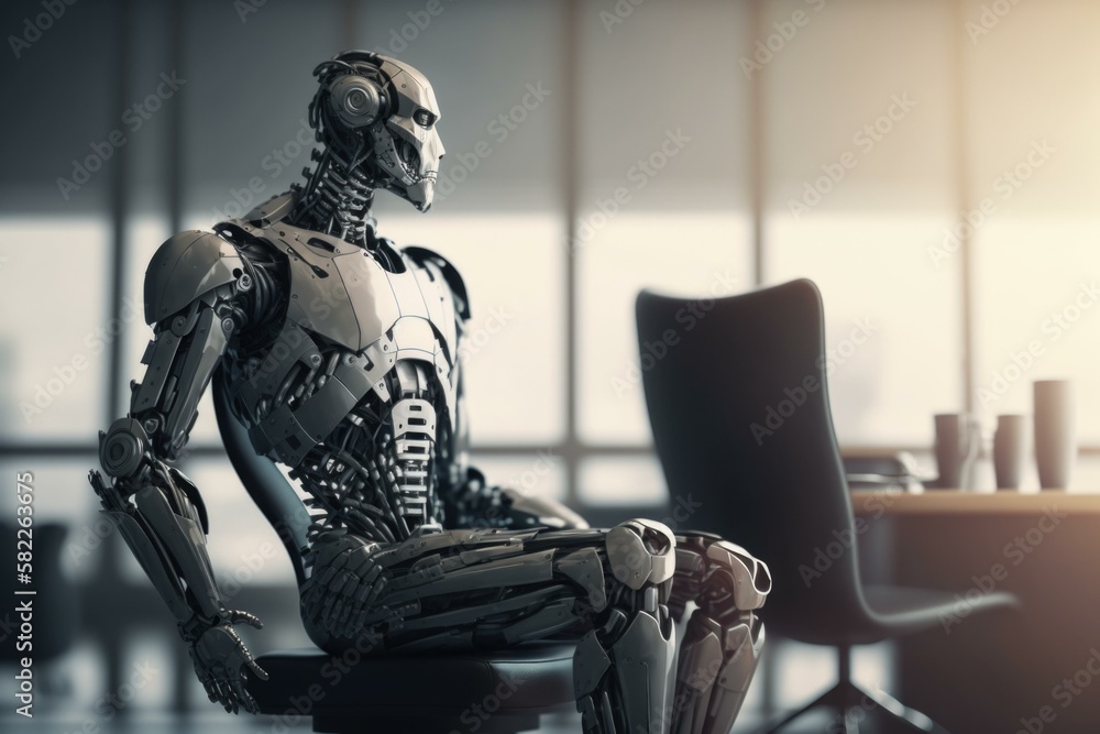 Poster a robot sitting on a chair in a room conference room assemblage robotics engineering generative ai