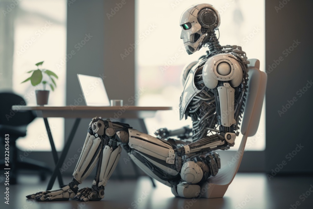 Poster a robot sitting on a chair in front of a laptop workshop animation robotics engineering generative a