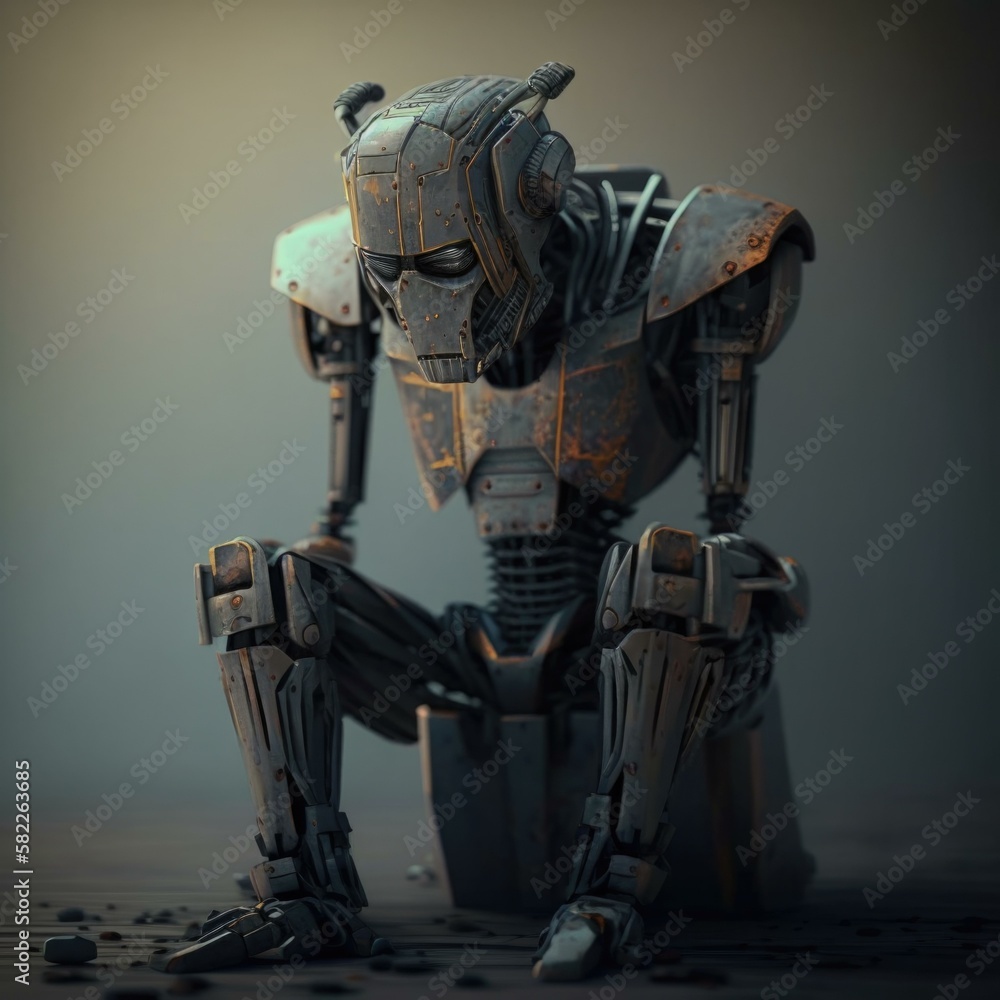 Poster a robot sitting on the ground with his legs crossed junkyard animation robotics engineering generati