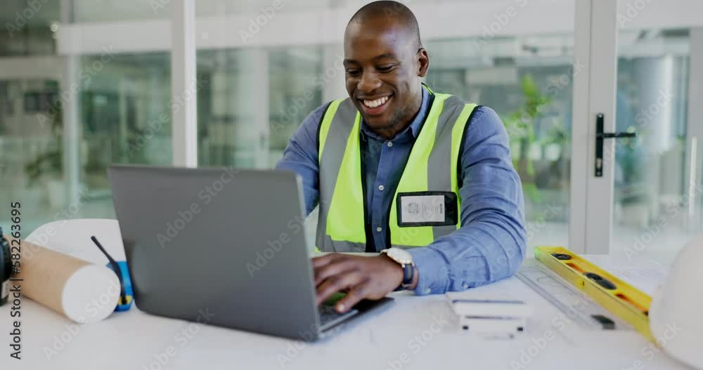 Poster laptop, architect time watch and black man check smartwatch schedule, planning or property developme