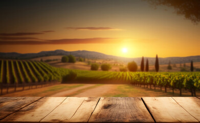 An empty wooden table for product display. blurred french vineyard in the background. Generative ai