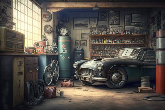 an old garage with a vintage car parked inside, surrounded by classic cars and memorabilia., created with generative ai