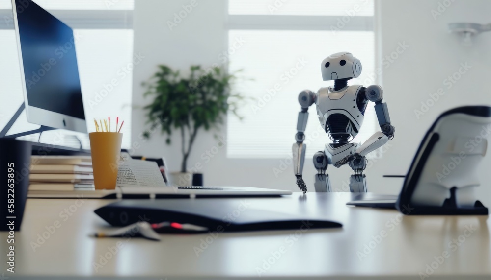 Poster a robot is standing on a desk next to a computer conference room animation artificial intelligence g