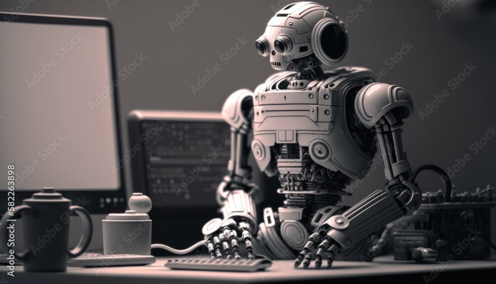 Poster a robot sitting at a desk with a laptop newsroom animation natural language processing generative ai