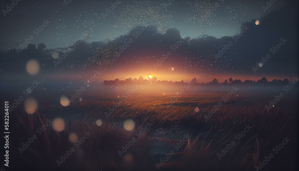 Poster a field with a sunset in the background and rain drops alpine meadow at sunset with clouds and mist 