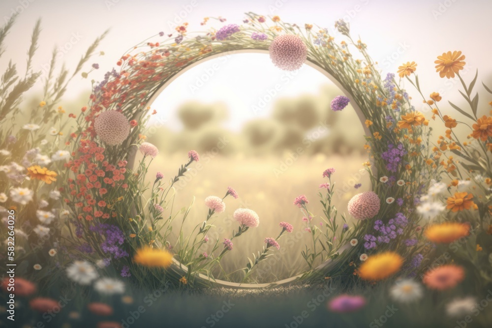 Poster a circular picture of a field with flowers and grass orchard environmental art motion graphics gener