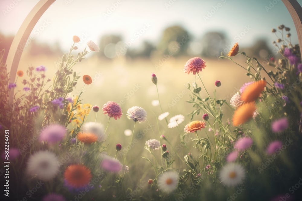 Poster a field of flowers with a circular frame in the middle alpine meadow panoramic photography nature ge