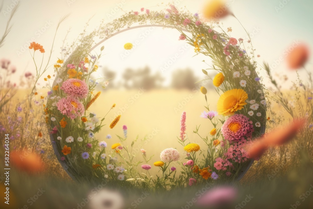 Poster a field with flowers and a circle in the middle orchard environmental art motion graphics generative