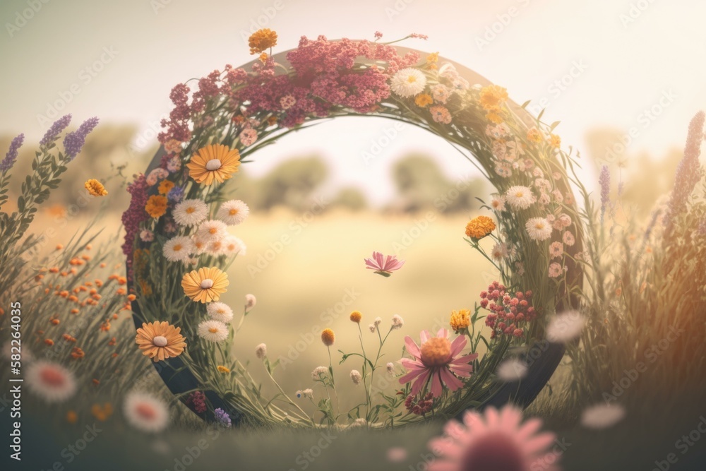 Poster a circular wreath with flowers in a field of grass orchard panoramic photography motion graphics gen
