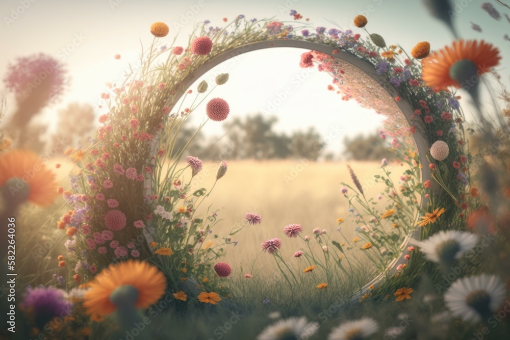 Poster A Field With Flowers And A Circle In The Middle Orchard Environmental Art Motion Graphics  Generative AI 