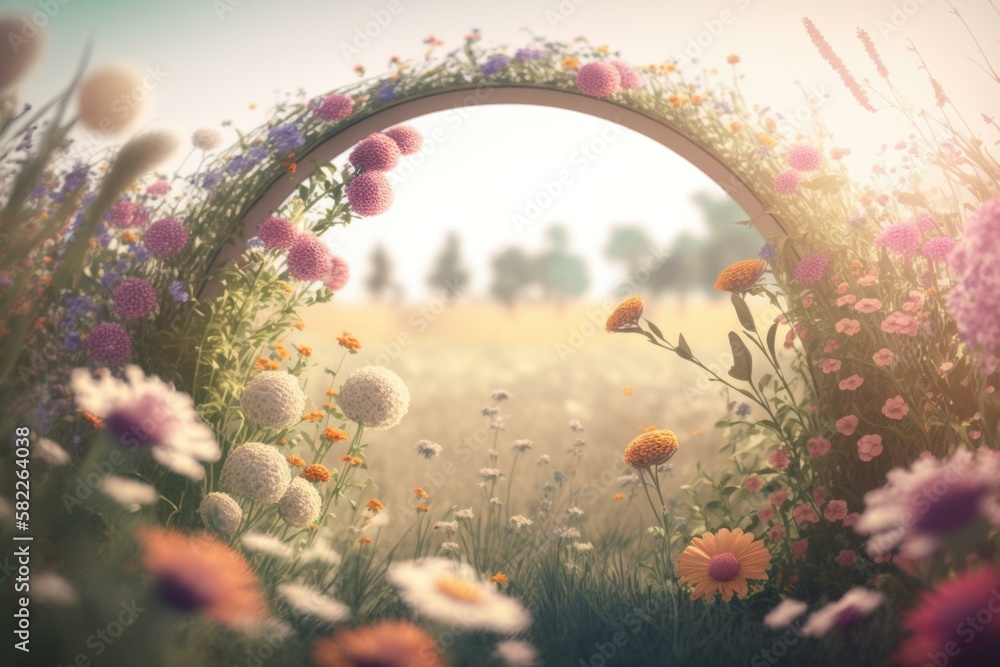 Poster a field with flowers and a circular arch in the middle english garden environmental art motion graph
