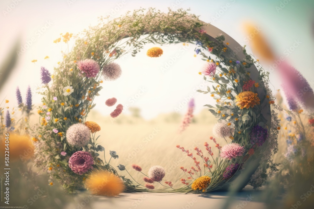 Poster a circular picture of flowers in a field of grass garden environmental art motion graphics generativ