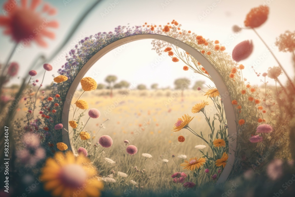 Poster a field with flowers and a circle frame in the middle orchard environmental art motion graphics gene