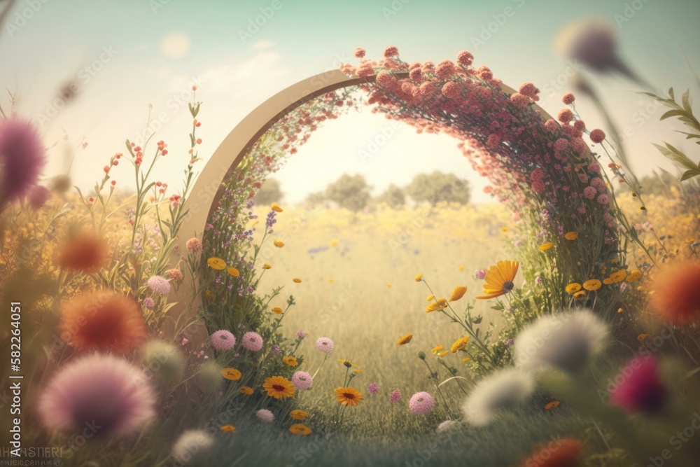 Poster a field with a circular arch in the middle of it english garden environmental art motion graphics ge