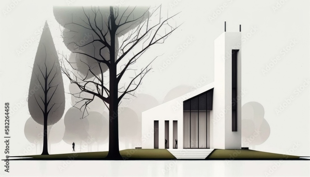 Poster a white building with trees and a person walking winery minimalism architectural design generative a