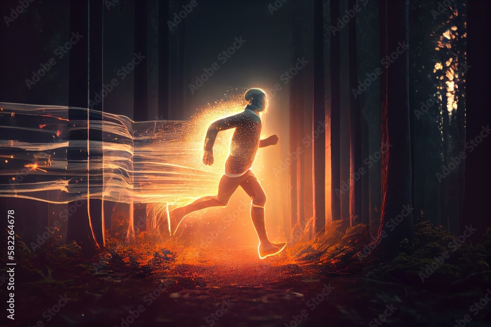 Poster a man running through a forest with a glowing light forest long exposure photography motion graphics