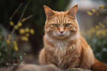 Fototapeta premium Beautiful ginger cat in garden portrait. views the camera. Generative AI