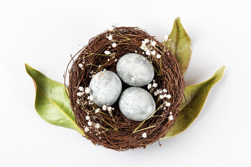 Minimalistic Easter concept. Brown nest of twigs with three gray Easter eggs, feathers, dried...