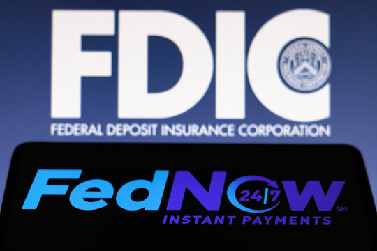 March 17, 2023, Brazil. In this photo illustration the FedNow Service (Instant Payments) logo seen displayed on a smartphone and Federal Deposit Insurance Corporation (FDIC) of the United States.
