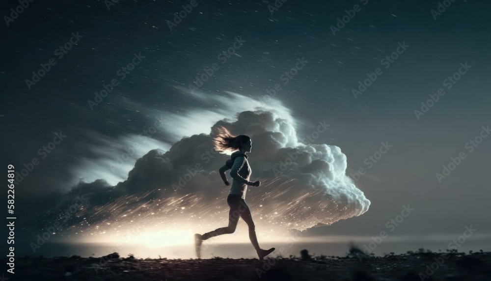 Poster a woman running in the dark with a cloud in the background fitness center time-lapse photography clo