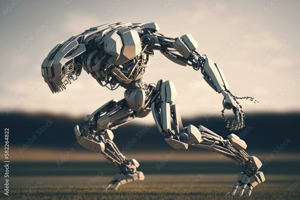 Poster a robot running across a field with a sky background zoo animation robotics engineering generative a