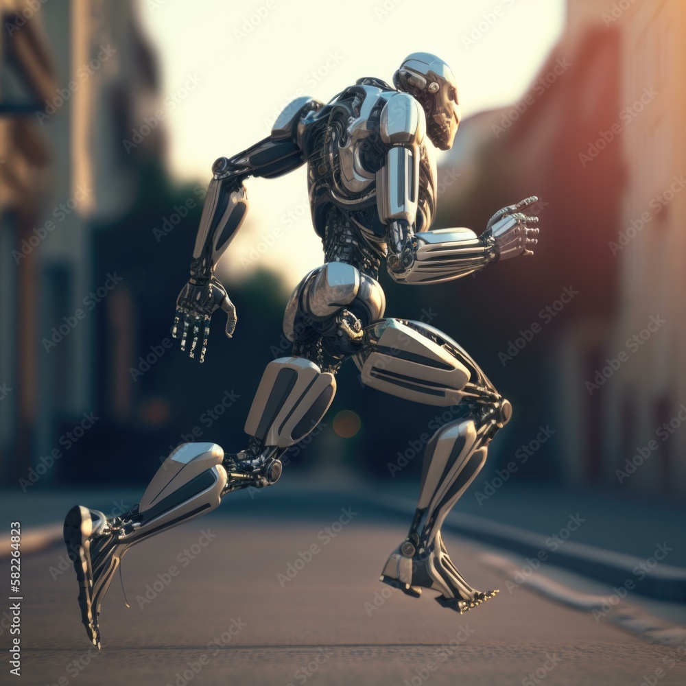 Poster a robot running on a city street in a futuristic fashion bike path animation robotics engineering ge