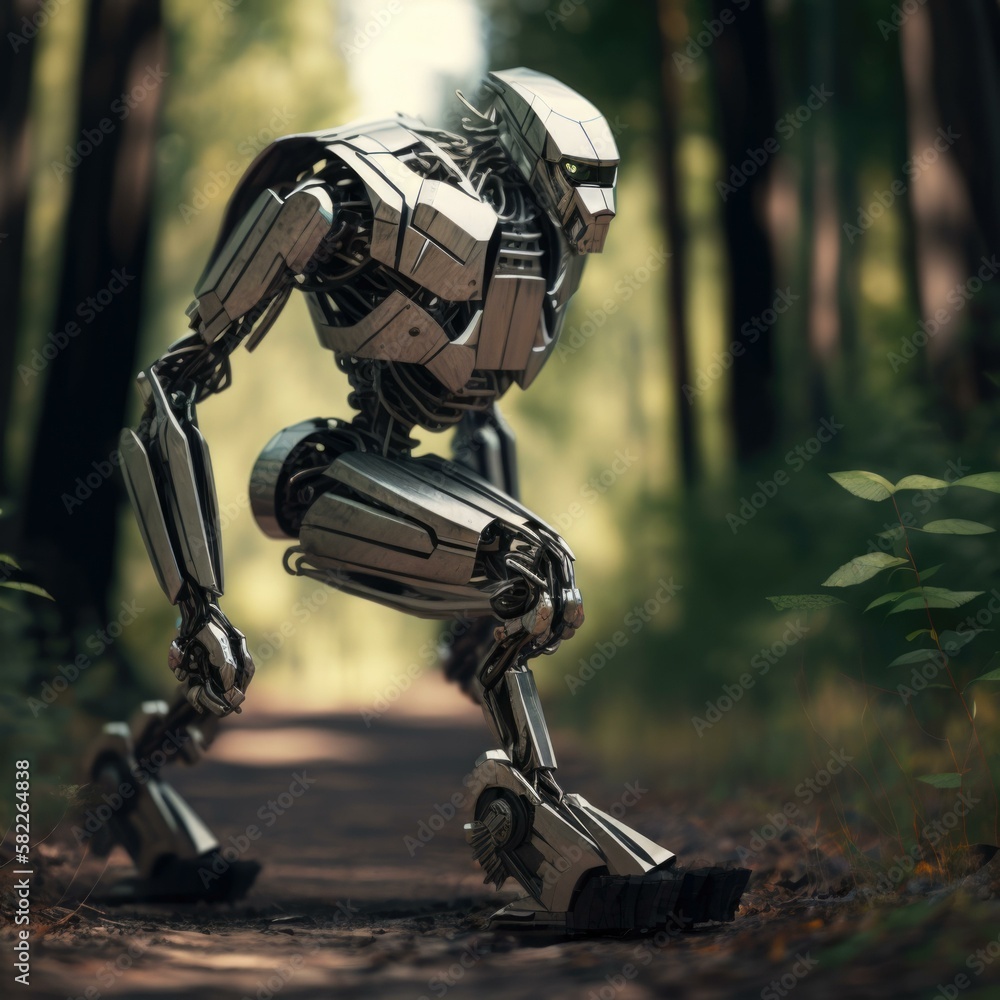 Poster a robot is walking down a path in the woods bike path environmental art robotics engineering generat