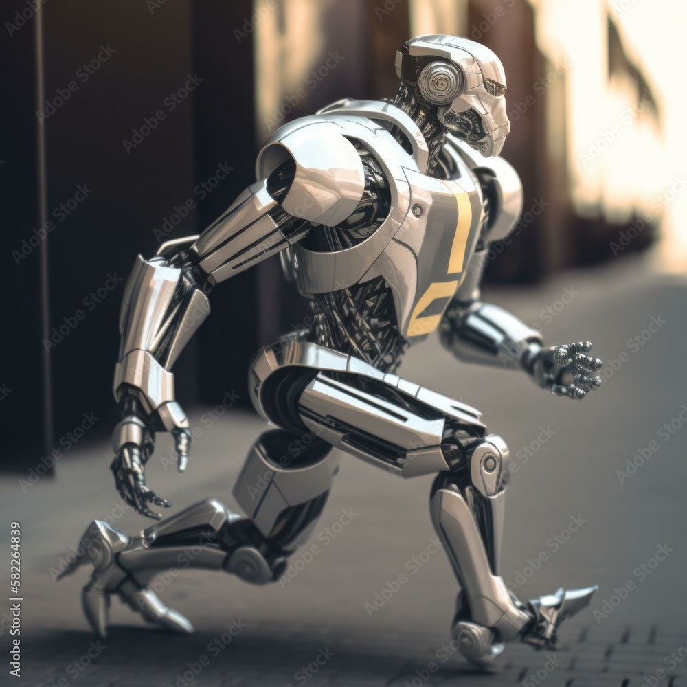 Poster a robot running on a city street in a futuristic fashion arcade animation robotics engineering gener